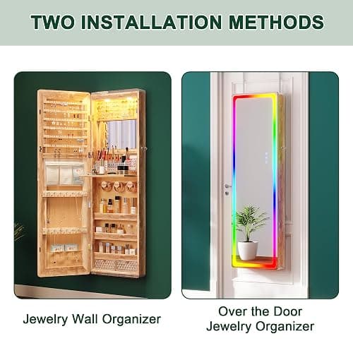 HNEBC LED Mirror Jewelry Cabinet with RGB Lights,47.2" Wall Mounted Jewelry Organizer with Full-Length Mirror,Over The Door Hanging Jewelry Armoire Storage Cabinet,Folding Dresser,2 Drawers,Lockable thumbnail 6