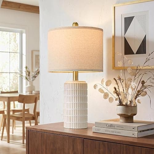 PoKat 21'' Modern Ceramic Table Lamp with Gift Box, White for Bedroom,Small | Bedside Lamps for Nightstands, Gold Pole Design, Farmhouse Home Decor for Living Room, Ideal Housewarming Gift for Women - Image 1