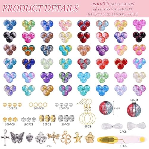 1800PCS 8mm Crackle Glass Beads Bracelet Making Kit, 48 Colors Glass Beads for Jewelry Making, Round Crystal Beads for Bracelets, Friendship Bracelet kit for DIY Crafts Gifts, 2 Box (Crackle Colors) thumbnail 2