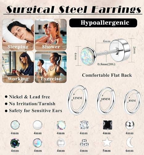Jstyle Hypoallergenic Flat Back Stud Earrings for Women Men Surgical Stainless Steel Earrings for Sensitive Ears Small Stud Hoop Silver Gold Black Earrings Cartilage Earring Set for Multiple Piercing thumbnail 5