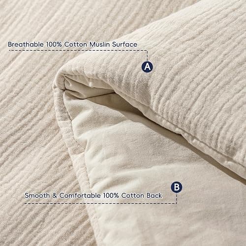 PHF Cotton Muslin Comforter Set King – 100% Cotton Cover, Ultra Soft & Breathable, 3PCS Lightweight All-Season Bedding with Polyester Fill, 1 Comforter 104"x90" & 2 Pillow Shams 20"x36", Natural thumbnail 8
