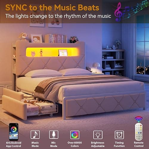 Full Upholstered LED Bed Frame with 2 Storage Drawers and 2-Tier Storage Headboard, Velvet Princess Platform Bed with Charging Station & Bookcase,Heavy Duty Metal Support,No Box Spring Needed,Beige thumbnail 3