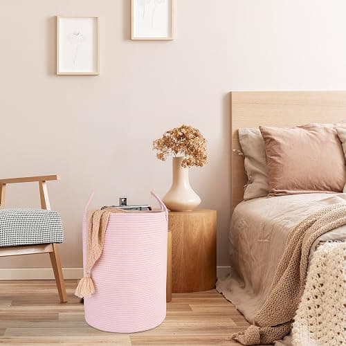 XUANGUO Cotton Rope Laundry Basket Hamper for Clothes Woven Storage Basket for Living Room Bedroom Boho Tall Rope Baskets for Blanket Toys Pillow Towels Baby Nursery Hamper Bin Large light pink thumbnail 5