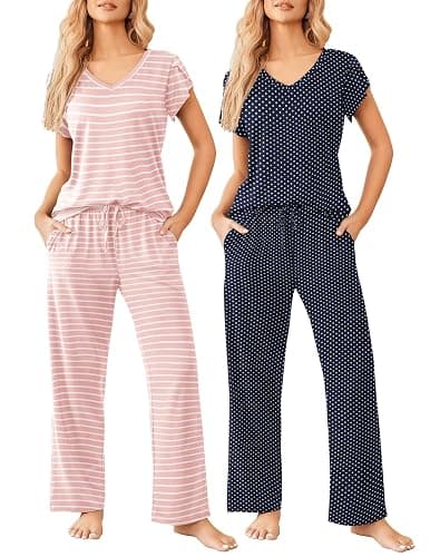 Ekouaer 2 Pack Womens Pajamas Short Sleeve Sleepwear Top with Pants Super-Soft Printed Lounge Sets S-XXL - Image 1