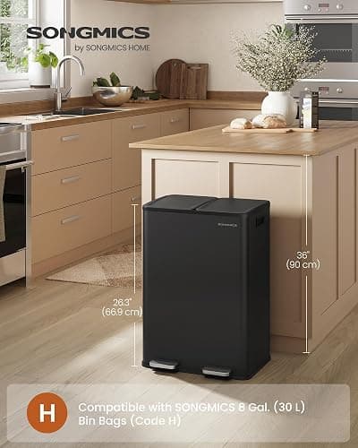SONGMICS Kitchen Bin, 2 x 8 Gallon (2 x 30 L) Dual-Compartment Pedal Rubbish Bin with Soft-Close Lid and Inner Buckets, Steel, Includes 15 Liner Bags, Ink Black LTB741B02 thumbnail 2