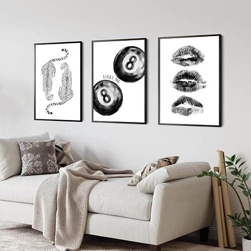 3Pcs Unframed Black White Funky Cheetah Wall Art Trendy Lucky 8 Ball Kiss Lips Painting Retro Y2K Aesthetic Canvas Poster Prints for Girls Bedroom Apartment Dorm Decorations(12x16in Poster) thumbnail 4