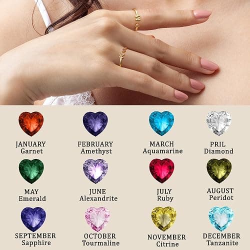 Stocking Stuffers - Initial Rings for Women Teen 14K Gold Plated Birthstone Rings Stackable Dainty Letter Rings Christmas Birthday Birthstone Jewelry Gifts for Mother Daughter,Adjustable Size 5-10 thumbnail 5