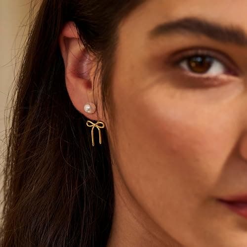 Risamil 14K Gold Plated/Silver Earrings for Women Trendy, Dainty Bow Earrings for Women Cute Pearl Huggie Earring Hoops Twist Rope Bow Stud Pearl Dangle Cubic Zirconia Earrings Jewelry Gifts thumbnail 7