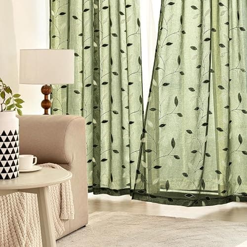 MIULEE Olive Green Sheer Curtains 2 Panels Embroidered Leaf Patterned Rod Pocket Floral Semi Faux Linen Window Curtains Drapes Set for Living Room Bedroom Dining Room, 52x84 Inches Long thumbnail 2