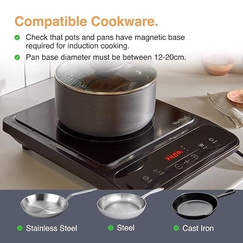 VonShef Single Induction Hob – 2000W Portable Induction Cooker w/LED Touch Display, 3 Hour Timer, 10 Heat Settings 60-240°C, Safety Lock - Black - Single thumbnail 6