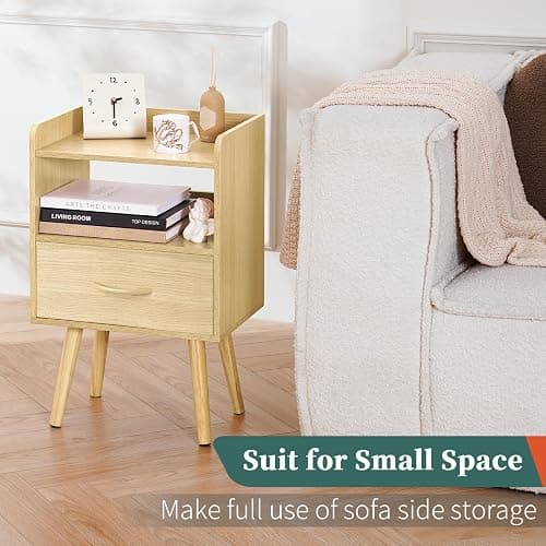 Yoobure Modern Nightstand with Fabric Drawer, Bedside Tables, Mid Century Nightstand with Open Storage Shelf, Wood Bedside Table, Small Night Stands for Bedrooms, 2-Tier Night Table thumbnail 8