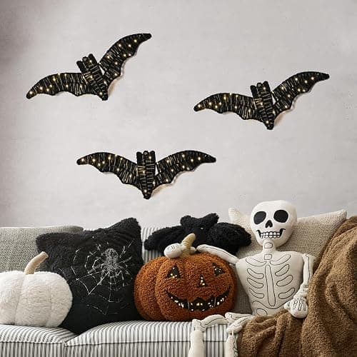 3 Pack Halloween Decorations Indoor Wall Decor with Lights & Batteries Included, Black Rattan Pre-Lit Spooky Bats Room Decor, 3D Hanging Signs for Covered Porch Home Haunted House Party thumbnail 6