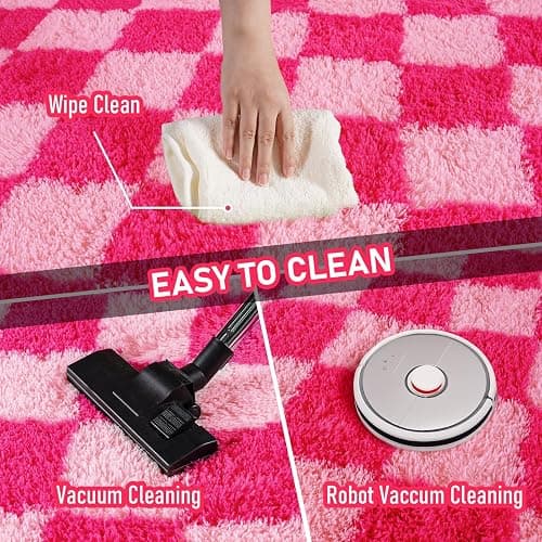 KOGSA 6x9 Fluffy Fuzzy Area Rug for Living Room Bedroom, Hot Pink Checkered | Ultra Soft Large Living Room Rugs, Non Slip Thick Shag Rug for Dorm, Kids Girls Boys Rug for Home Decor Aesthetic thumbnail 6