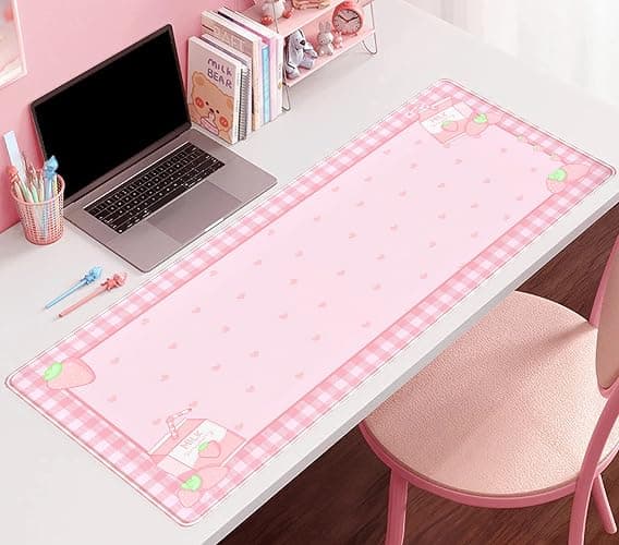 Cute Pink Plaid Desk Mats Strawberry Milk Gaming Desk Pad, Kawaii Extended Mouse Pad Kawaii Large Keyboard Mats XXL, Laptop Mat for Desk, Desktop Mat Mousepad Office Decor for Women 31.5"x15.75" thumbnail 6
