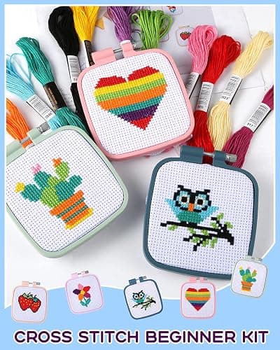 Pllieay 5PCS Cross Stitch Kits for Kids 7-13, Includes 5 Project Patterned and 5pcs Square Embroidery Hoops, 11 Skeins, Needle Point Starter Kit Sewing Set with Instructions thumbnail 4