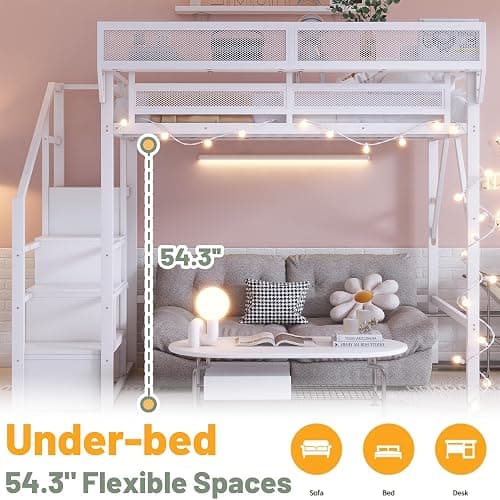 MoproBeti Full Loft Bed with Stairs, Metal Loft Beds Full Size with Storage Shelves, Adults Loft Bed with Wardrobe, Heavy Duty High Loft Bed for Teens, No Box Spring Needed, No Noise,White thumbnail 3