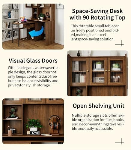LUMISOL L Shaped Computer Desk with 90 Degree Rotating Desktop, Home Office Desk with Hutch & Bookshelf, Multi-Functional Woking Table with Storage Drawers for Study Room Office Living Room, Walnut thumbnail 5