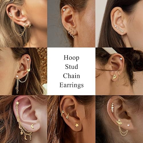 ZELORES 20G Cartilage Earrings Set For Women Men Stainless Steel Small Huggie Hoop Earring Flatback Star Moon Butterfly CZ Cartilage Stud Earrings Chain Dangle Cartilage Helix Tragus Piercing Jewelry thumbnail 2