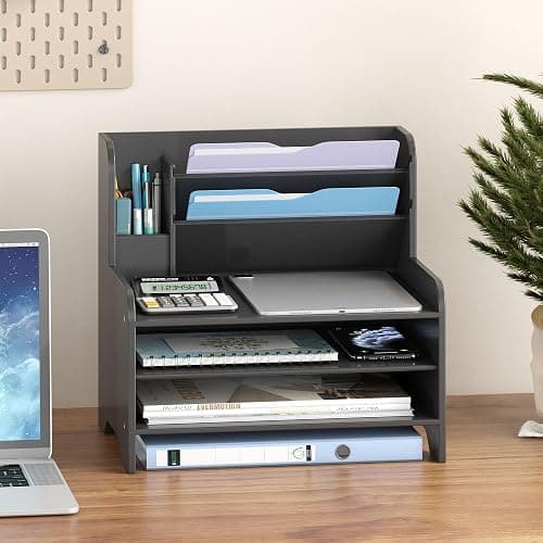 Desk File Organizer - 6-Tier Desktop Mail Letter Tray Paper Document Organizer with Pen Holder for Home Office Supplies, Office Desk Accessories & Workspace (Black) thumbnail 2