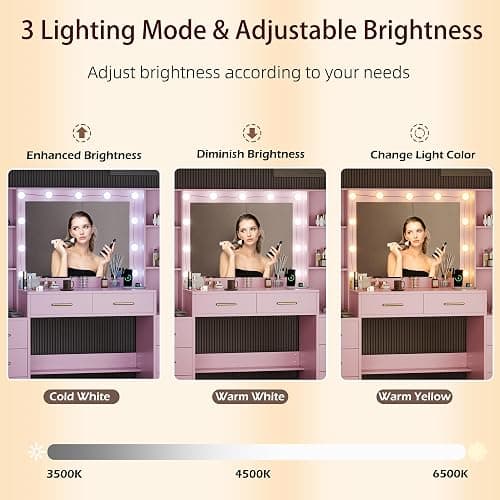 58.3" Makeup Vanity Desk with Charging Station, Pink Makeup Dressing Table with Mirror & Lights, 3 Lighting Modes Adjustable Brightness, Vanity Table with Power Outlet & 8 Drawers without Stool thumbnail 4