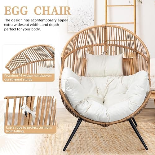 Vongrasig Outdoor Wicker Egg Chair PE Rattan Chair with Cushion, Oversized Patio Lounge Chair for Outdoor, Indoor, Balcony, Backyard, Garden, Beige thumbnail 5