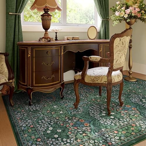 Lahome Floral Dark Green Area Rugs 5x7, Soft Washable Rugs for Living Room Bedroom, Boho Non Slip Low Pile Forest Giverny Carpet for Farmhouse Dining Room Office, Dark Green thumbnail 3