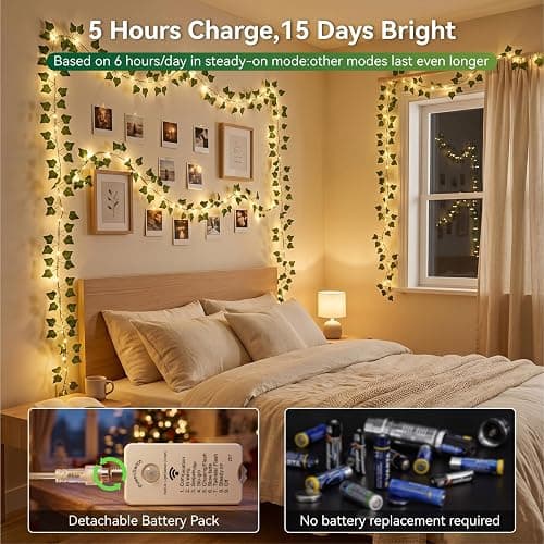 Terids 33FT 100LED Ivy Vine Fairy Lights 2500mAh Rechargeable Battery, | String Lights with Remote Control,8 Modes,DIY Timer & Light Sensor, Waterproof for Bedroom Dorm Wedding Party Christmas Deco thumbnail 4