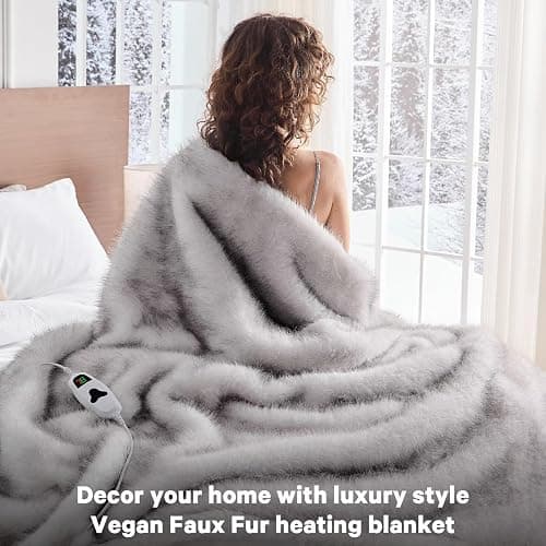 Faux Fur Heated Electric Blanket Throw, 50"X60" Heating Blanket Gifts for Women Mom Winter Warming Warm Luxury Super Cozy Fuzzy Heavy Plush Fluffy Decor, 10 Heat Levels 8H Auto Off,White thumbnail 7