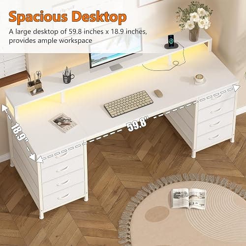 YOMILUVE 60 Inch Computer Desk with 8 Fabric Drawers, Gaming Desk with LED Lights & Power Outlets, Home Office Desk with Monitor Stand, White thumbnail 6