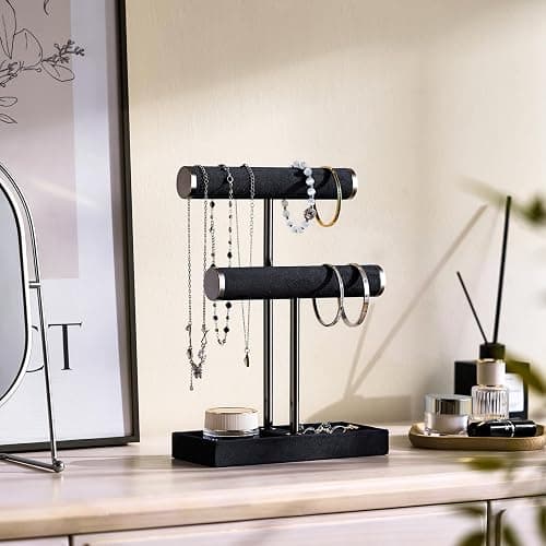 Josmimic Schmuck Organizer mit 2 Ebenen - Schwarz Schmuckständer Armbänder, Abnehmbarer T-Steg Schmuck Ständer, Samt-Armbandhalter, Schmuckhalter für Armband, Halskette, Uhren, Ringe thumbnail 2