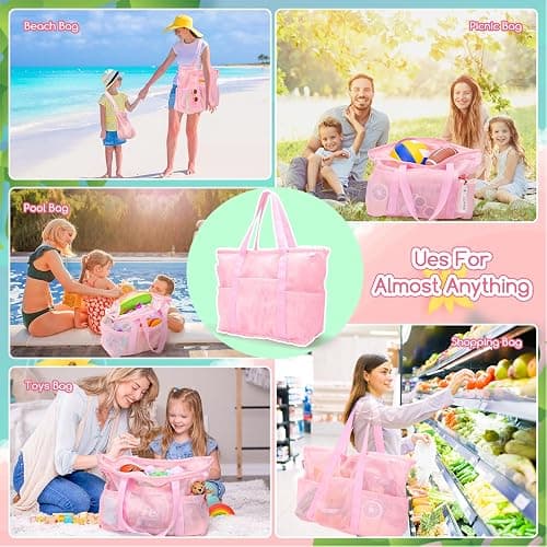 Tagitary Mesh Beach Bag with Zipper Large Beach Tote Waterproof Sandproof with 8 Pockets for Toys Pool Bag Beach Accessories thumbnail 2