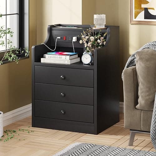 ADORNEVE Black Nightstand with Charging Station & Drawers | Night Stand for Bedroom,End Table with Hutch & 3 Storage Drawers thumbnail 7