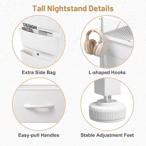 EnHomee Night Stand with 5 Drawers, Tall Nightstand with Charging Station and LED Light, Bedside Table with Extra Side Bag & Hooks, Bedroom, Closet, Hallway, Entryway, White thumbnail 9