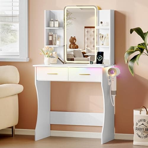 Xixini Vanity Desk with LED Lights Mirror & Power Outlet, Small Makeup Vanity Table Set with Storage Drawers, 3 Lighting Modes & Adjustable Brightness, Dressing Table for Women Girls Bedroom, White thumbnail 8