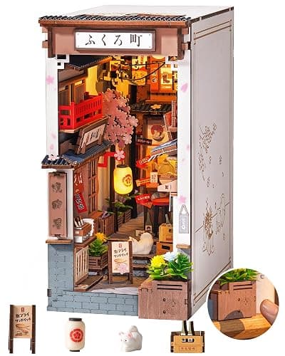 ROBOTIME Book Nook Kit DIY Miniature House Kit for Adults 3D Wooden Puzzle Bookends Bookshelf Diorama Insert Dollhouse Creative Decorative Unique Gifts for Teens and Beginners (Sakura Wine Alley) - Image 1