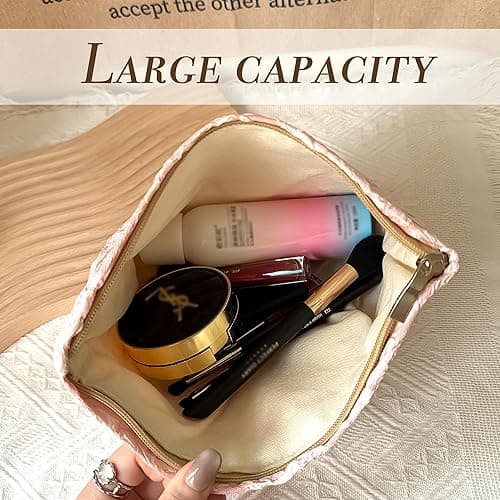 Sminra Makeup Bag Cosmetic bag Preppy Canvas Toiletry Bag for women Cute zipper pouch Organizer Travel accessories (Pink Big Flowers, Large) - Large - Pink Big Flowers thumbnail 6