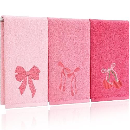FuWeave 3 Pcs Pink Hand Towels for Bathroom Coquette Bow Embroidered Decorative Towel 100% Cotton Soft Absorbent Kitchen Facecloth Preppy Bathroom Decor Bridal Shower Wedding Gift 13.7 x 29.5'' - Image 1