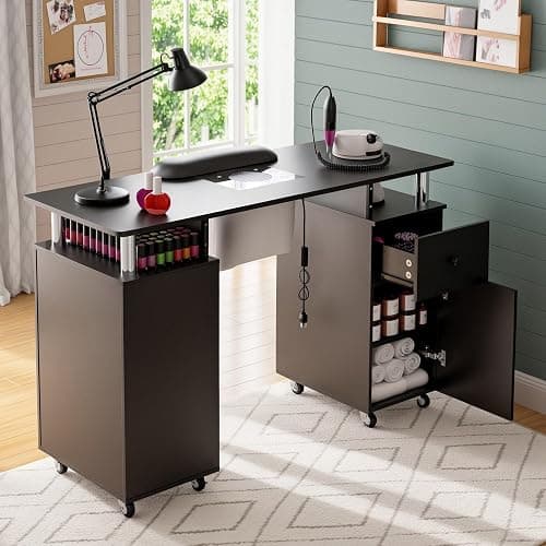 HolaiNail Manicure Table, Nail Desk Nail Tech Table with Dust Collector, Arm Rest, Wheels, Drawer & Cabinet, Beauty Salon Station, Black thumbnail 8