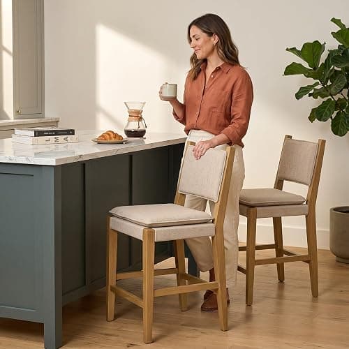 AllForWood Jayden Premium Solid Wood Mid-Century Upholstered Counter Stools 24", Set of 2, Solid Rubberwood Legs, Natural Flax, Modern Light Brown Finish for Kitchen Island, Dining Room, Home Bar thumbnail 9