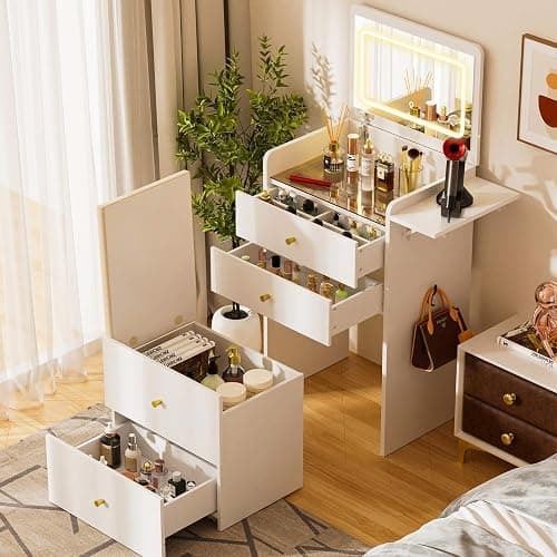 COMHOMA Makeup Vanity Desk with Mirror and Lights, Small 3 in 1 Vanity Table with Visible Glass Top, Flip Top & 3 Drawers, Compact Dressing with Storage Stool for Room or Office - Image 1