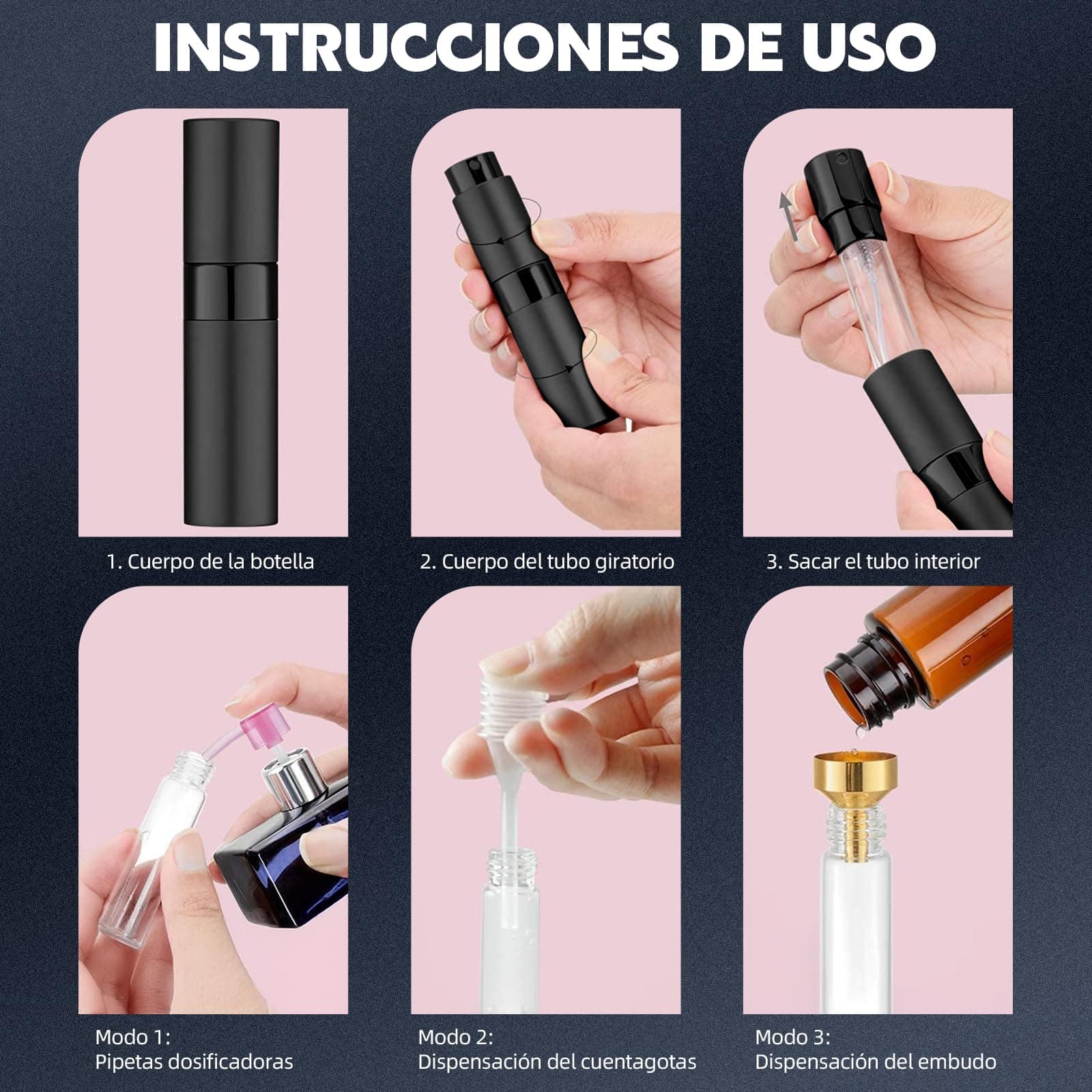 Atomizador para Perfume Rellenable Portátil, Diseño Rotativo, Botella Spray Dispensador 8ML, 2 Piezas Dispensador de Perfume Viajar y Salir, para Mujer y Hombre, con Funda y Adaptador, 2 PCS Negro thumbnail 4
