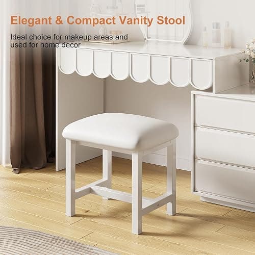 WBKATN White Vanity Stool, Small Vanity Chair, Cute Makeup Bench Seat with Leather Cushioned, Desk Stools for Bedroom, Bathroom, Entryway, Living Room, Office thumbnail 3