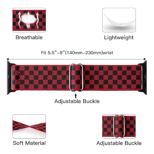 MITERV Stretchy Nylon Loop Bands Compatible with Apple Watch 38mm-49mm, iWatch Series 1-10, SE, Ultra; Sport Loop Design; Unisex; Black with Red, Graphic Print; 9.5 inches; Adjustable Fit thumbnail 2