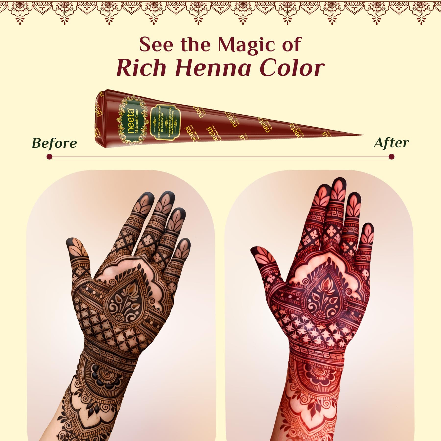 Neeta Mehendi Cone for Body Art, Herbal Henna Paste/Cones, Natural 100% Henna, Reddish Brown Color for Hand Tattoo Design, Pack of 8 Piece thumbnail 6