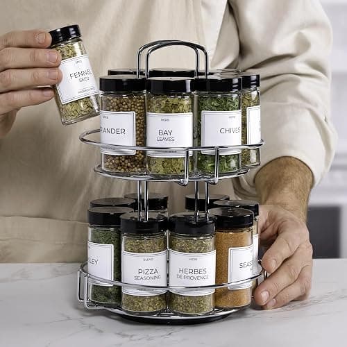 CNEIESD Spice Rack Organizer, 16-Jar Revolving Spice Rack Organizer with Sifter Caps, Stackable Chrome Wire Holder & Jars Includes Basil, Oregano, Sea Salt & More (Silver) thumbnail 5