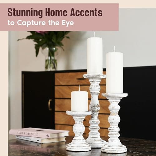 Large Candle Holders for Pillar Candles - Rustic Farmhouse Style Home Decor - Perfect for Table Centerpieces, Coffee Table or Fireplace Mantel - 3 Piece Set - White thumbnail 4