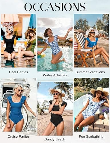 UMIPUBO Tummy Control One Piece Swimsuit for Women Square Neck Ruffled Sleeves White Trim Bathing Suit thumbnail 6