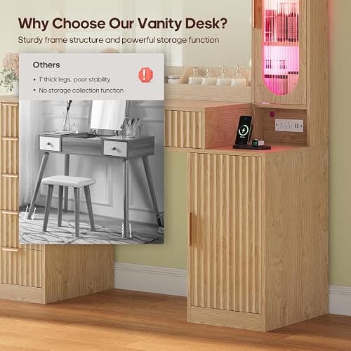 BTHFST Fluted Makeup Vanity Desk with Large 31.5" Mirror and Lights, 46.1" Wood Vanity with Charging Station & RGB Lights, Dressing Table with 6 Drawers & Cabinet & Shelves, Oak thumbnail 6