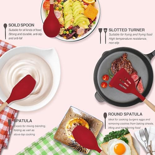 Kitchen Utensils Set 12 Pieces Nonstick Silicone Cooking Utensils Wood Handle Silicone Cooking Utensils Set with Holder Dishwasher Safe BPA Free(red) thumbnail 6