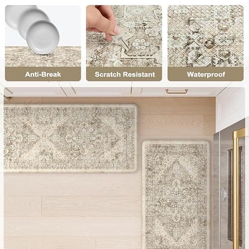 KIMODE Anti Fatigue Kitchen Mats 2 PCS 17"x47"+17"x29", Boho Kitchen Rugs and Mats, Non Slip Cushioned Kitchen Mats for Floor, Waterproof Kitchen Floor Mats for Laundry, Office, Sink, Khaki - 17.3" x 47"+17.3" x 29"--0.47 inches - Khaki/Multi thumbnail 6